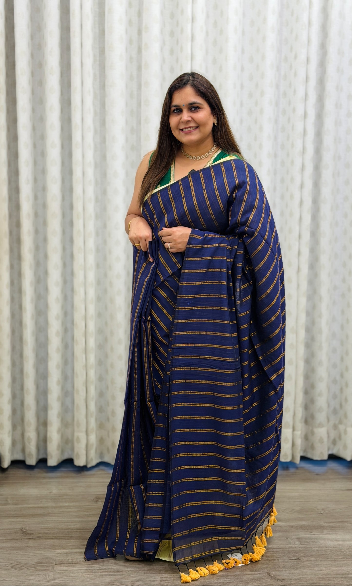 Navy Blue Striped Mul Cotton Saree