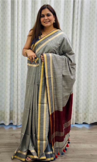Grey-Maroon Acrylic Cotton Saree