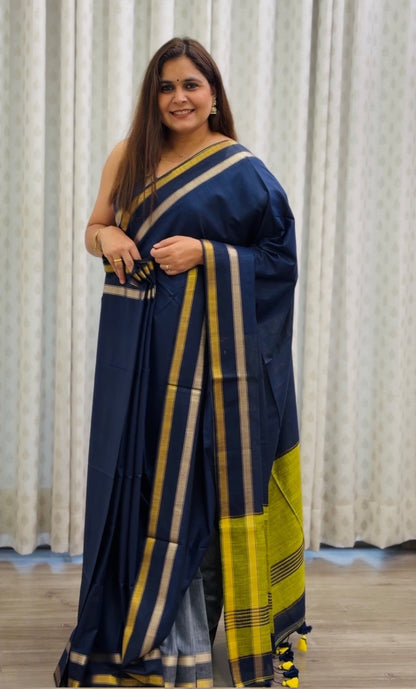 Navy Blue- Lime Green Acrylic Cotton Saree