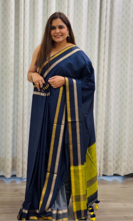 Navy Blue- Lime Green Acrylic Cotton Saree