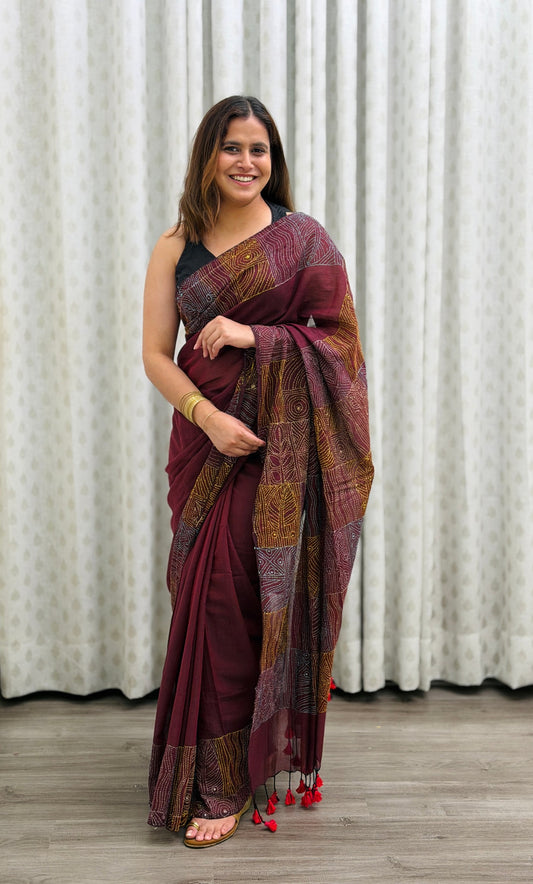 Wine Mul Kantha Saree