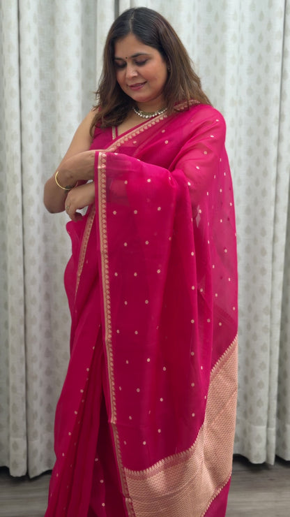 Hot Pink Pure Kora Silk Saree
