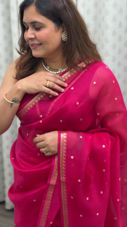 Hot Pink Pure Kora Silk Saree