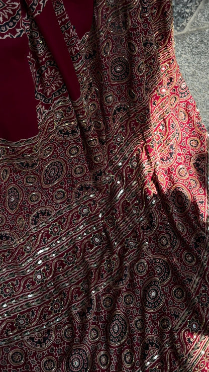 Maroon Ajrakh Modal Handwork Saree