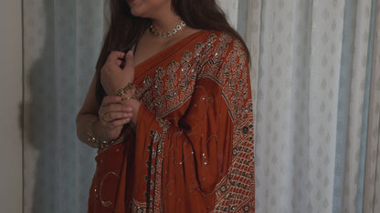 Rust Orange Ajrakh Modal Handwork Saree